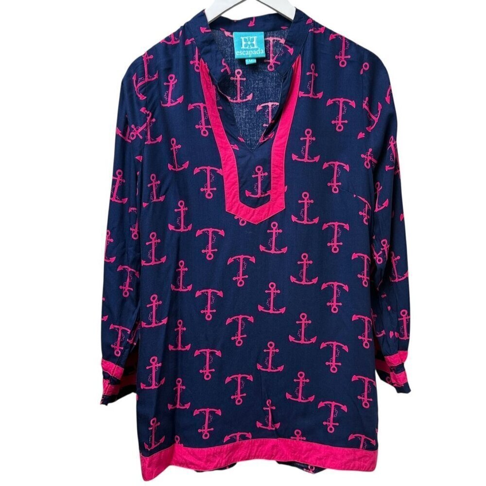 Escapada Tunic Blouse Medium Nautical Anchors Navy Blue Pink Rayon Womens Top